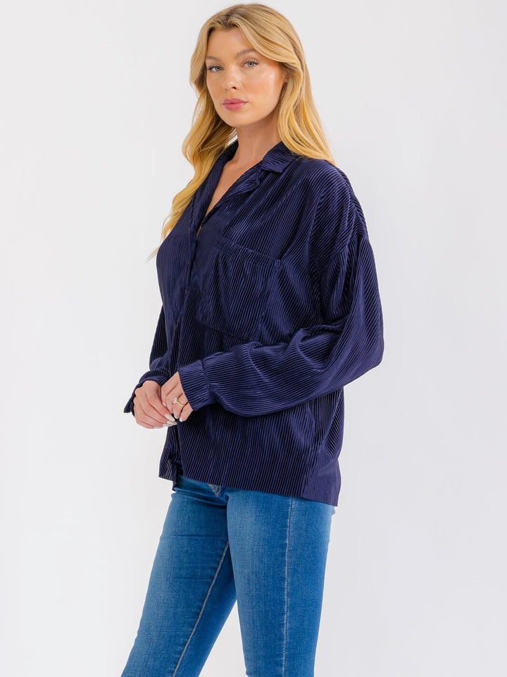WOMEN'S LONG SLEEVE BUTTON UP FRONT POCKET RIBBED BLOUSE