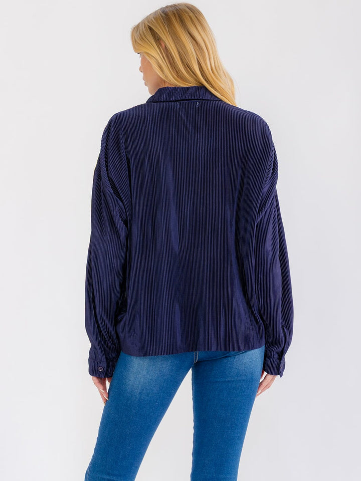 WOMEN'S LONG SLEEVE BUTTON UP FRONT POCKET RIBBED BLOUSE