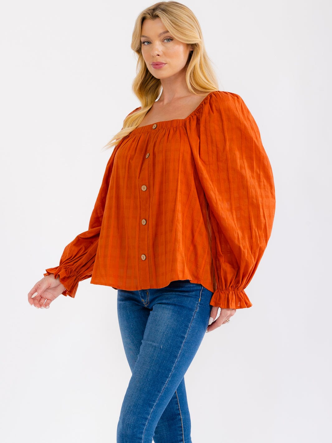 WOMEN'S LONG SLEEVE SQUARE NECK BUTTON DETAILED TUNIC BLOUSE