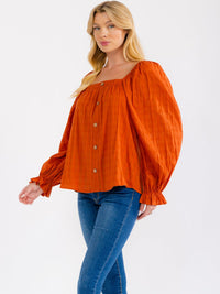 WOMEN'S LONG SLEEVE SQUARE NECK BUTTON DETAILED TUNIC BLOUSE