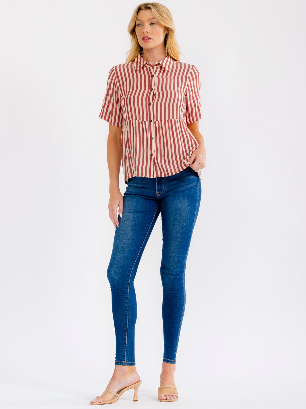 WOMEN'S SHORT SLEEVE BUTTON UP COLORBLOCK STRIPES BLOUSE