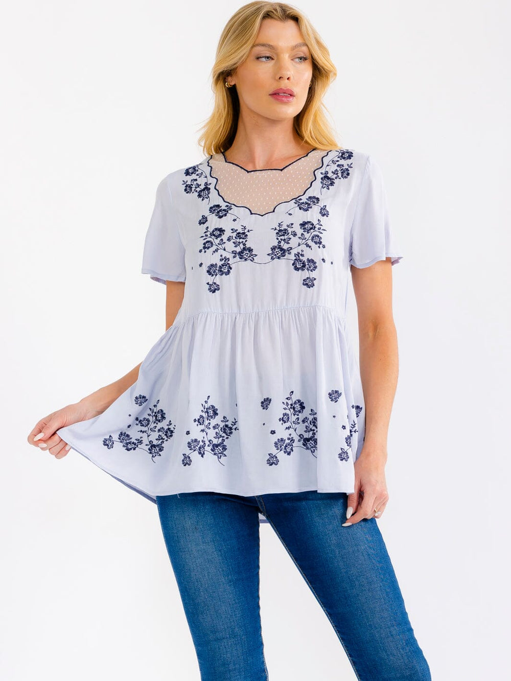 WOMEN'S SHORT SLEEVE FLORAL EMBROIDERY TUNIC BLOUSE
