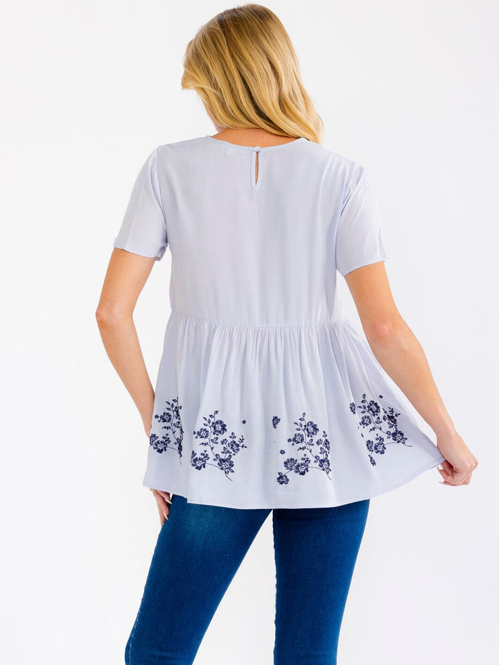 WOMEN'S SHORT SLEEVE FLORAL EMBROIDERY TUNIC BLOUSE