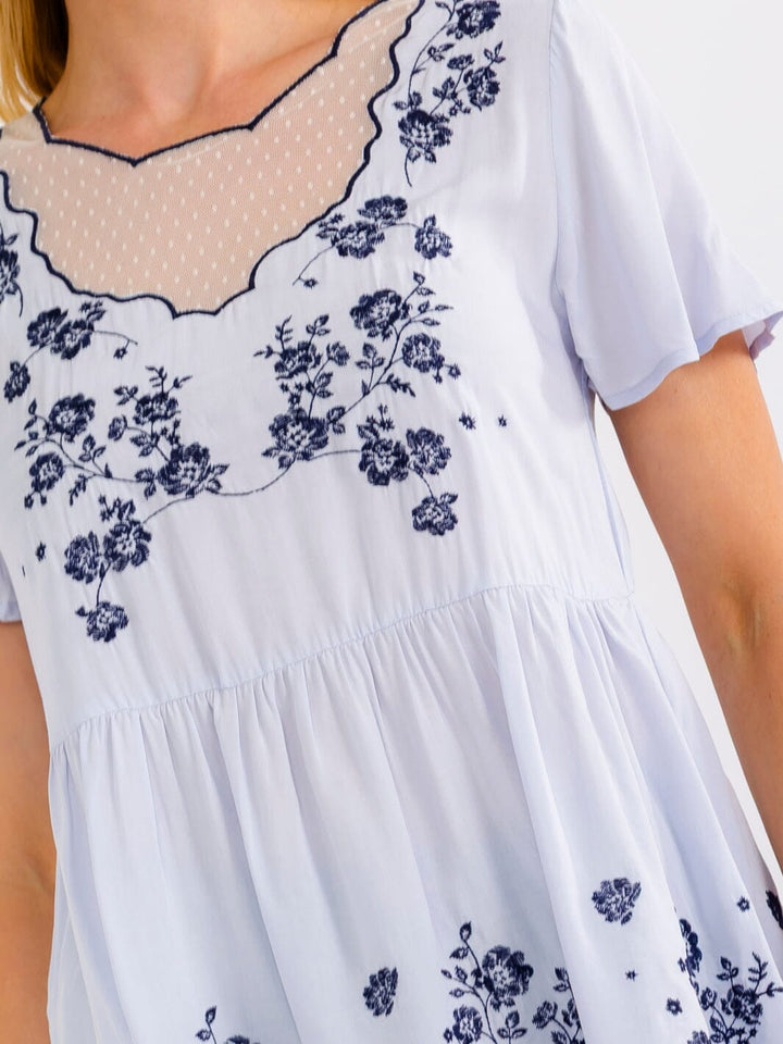 WOMEN'S SHORT SLEEVE FLORAL EMBROIDERY TUNIC BLOUSE