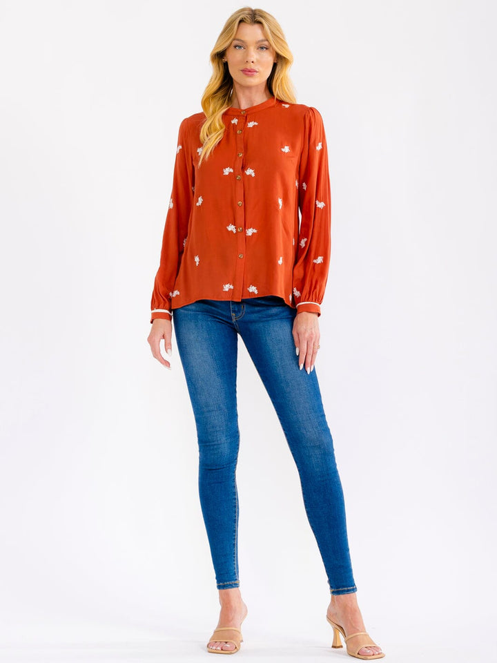 WOMEN'S LONG SLEEVE BUTTON UP FLORAL EMBROIDERY BLOUSE