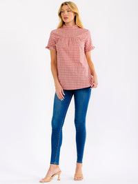 WOMEN'S SHORT RUFFLE SLEEVE PLAID TOP