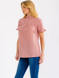 WOMEN'S SHORT RUFFLE SLEEVE PLAID TOP
