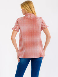 WOMEN'S SHORT RUFFLE SLEEVE PLAID TOP