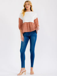 WOMEN'S 3/4 SLEEVE LOOSE FIT COLORBLOCK BLOUSE