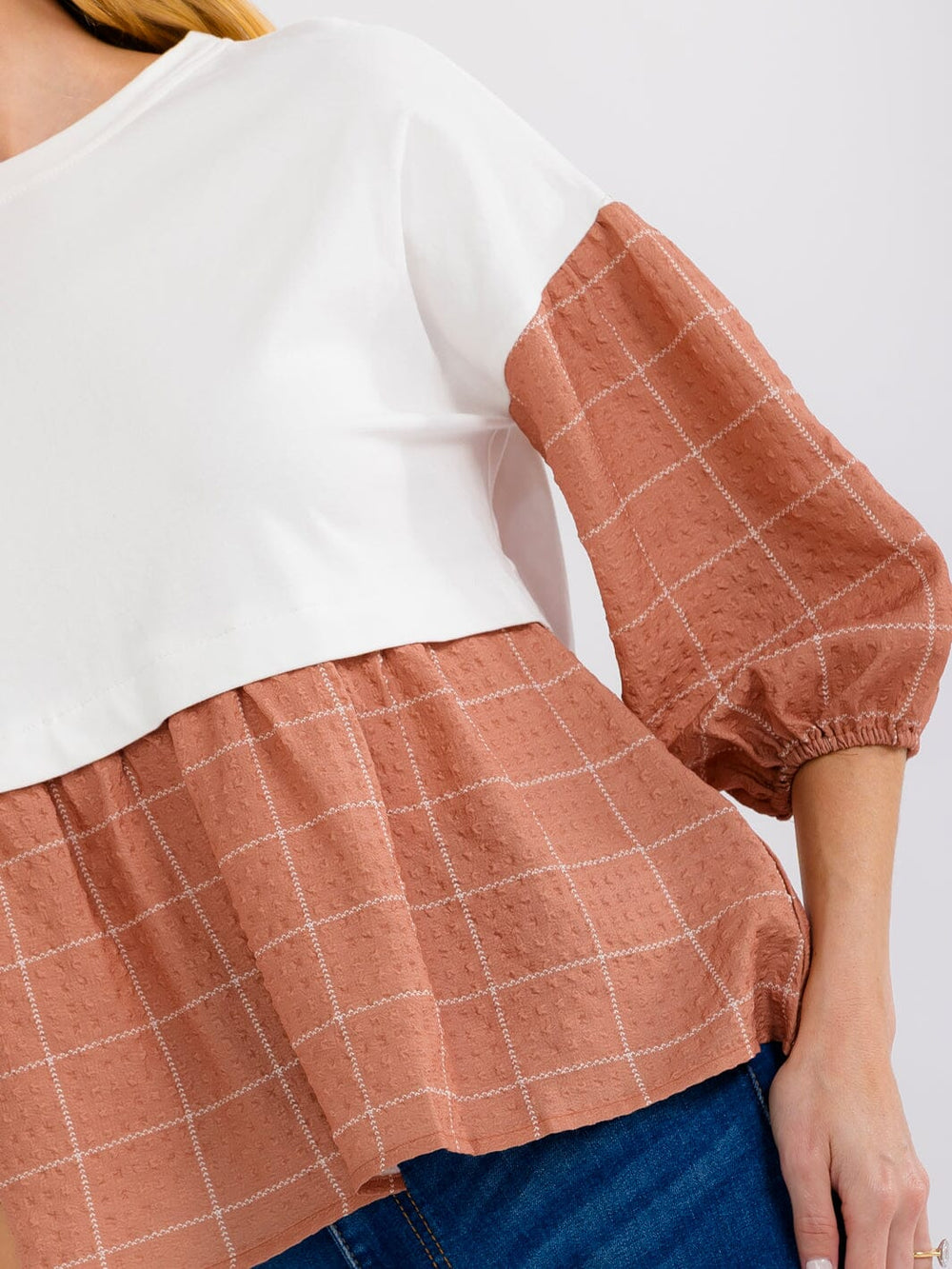 WOMEN'S 3/4 SLEEVE LOOSE FIT COLORBLOCK BLOUSE