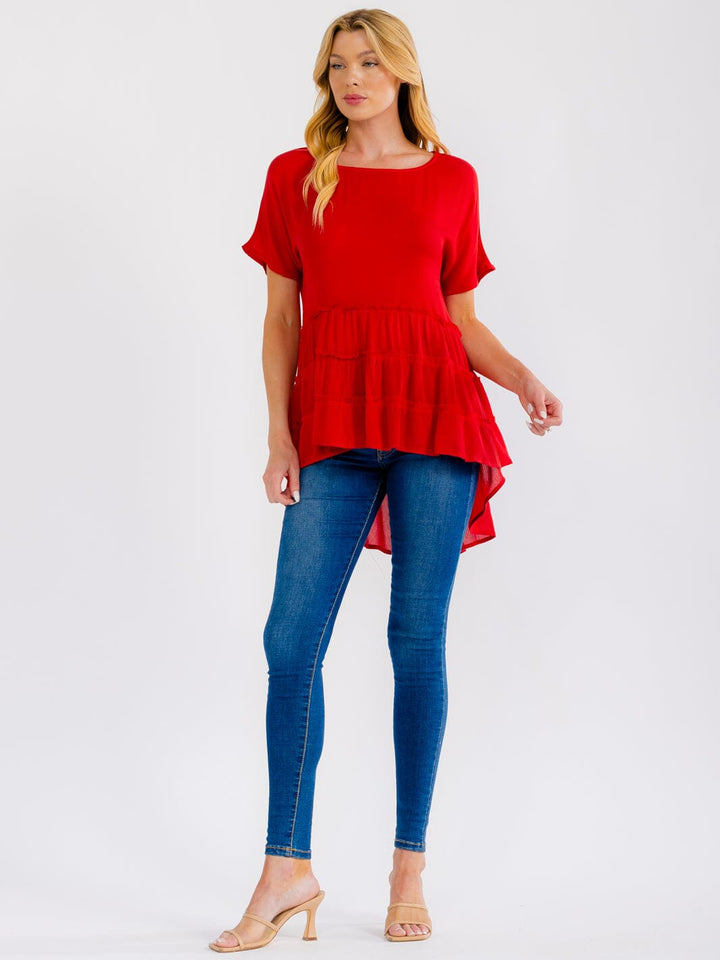 WOMEN'S SHORT SLEEVE TIERED HIGH-LOW BLOUSE