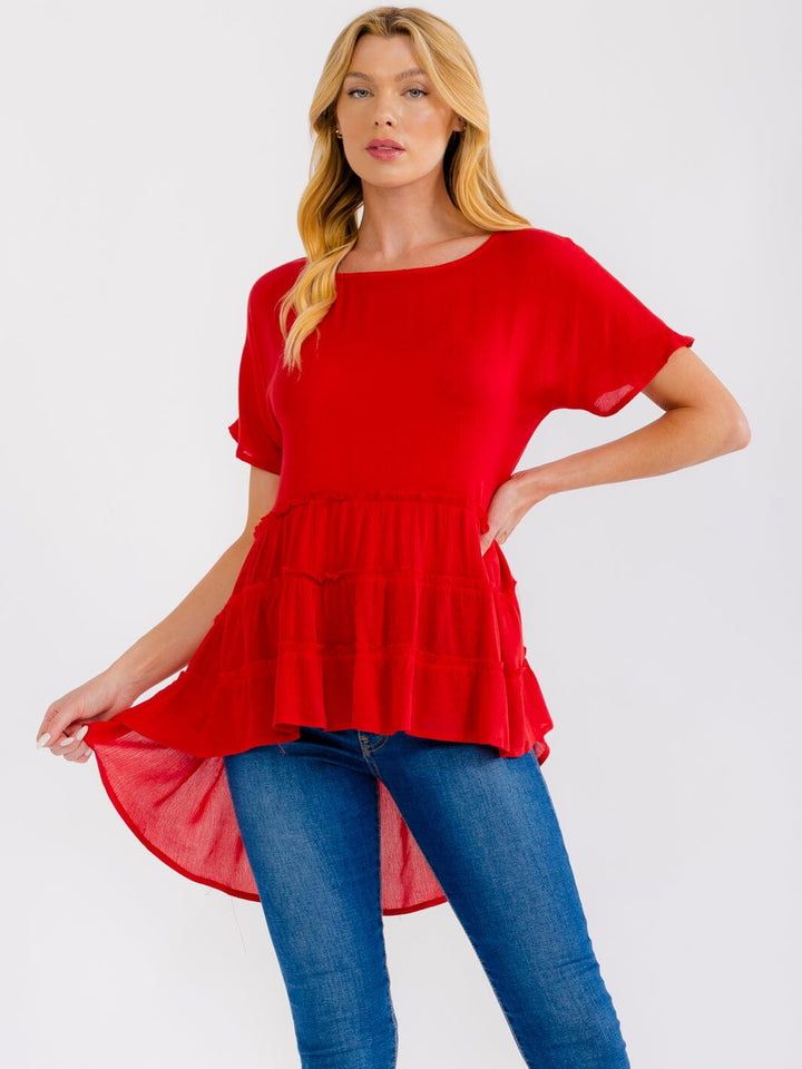 WOMEN'S SHORT SLEEVE TIERED HIGH-LOW BLOUSE