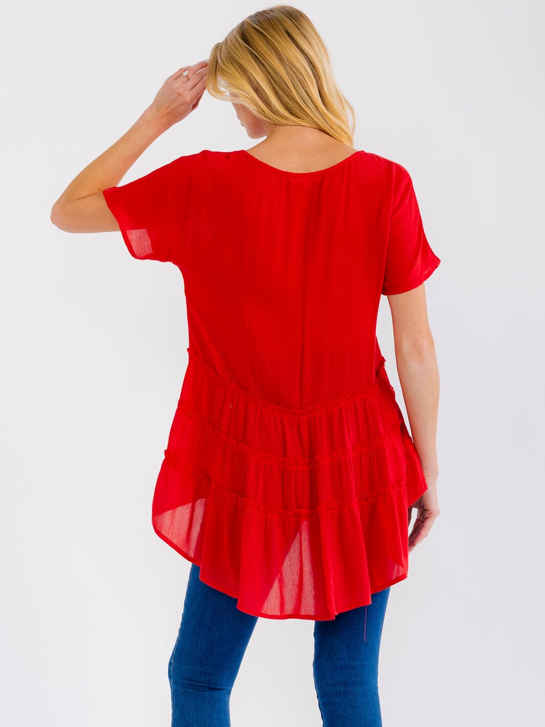 WOMEN'S SHORT SLEEVE TIERED HIGH-LOW BLOUSE