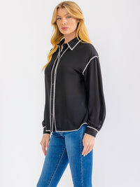 WOMEN'S LOGN SLEEVE BUTTON UP TRIM STITCHED BLOUSE