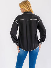 WOMEN'S LOGN SLEEVE BUTTON UP TRIM STITCHED BLOUSE