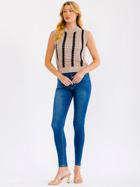 WOMEN'S SLEEVELESS COLORBLOCK STRIPES CROCHET TANK TOP