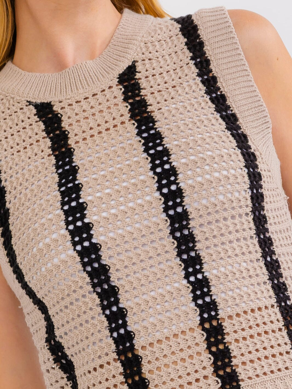 WOMEN'S SLEEVELESS COLORBLOCK STRIPES CROCHET TANK TOP