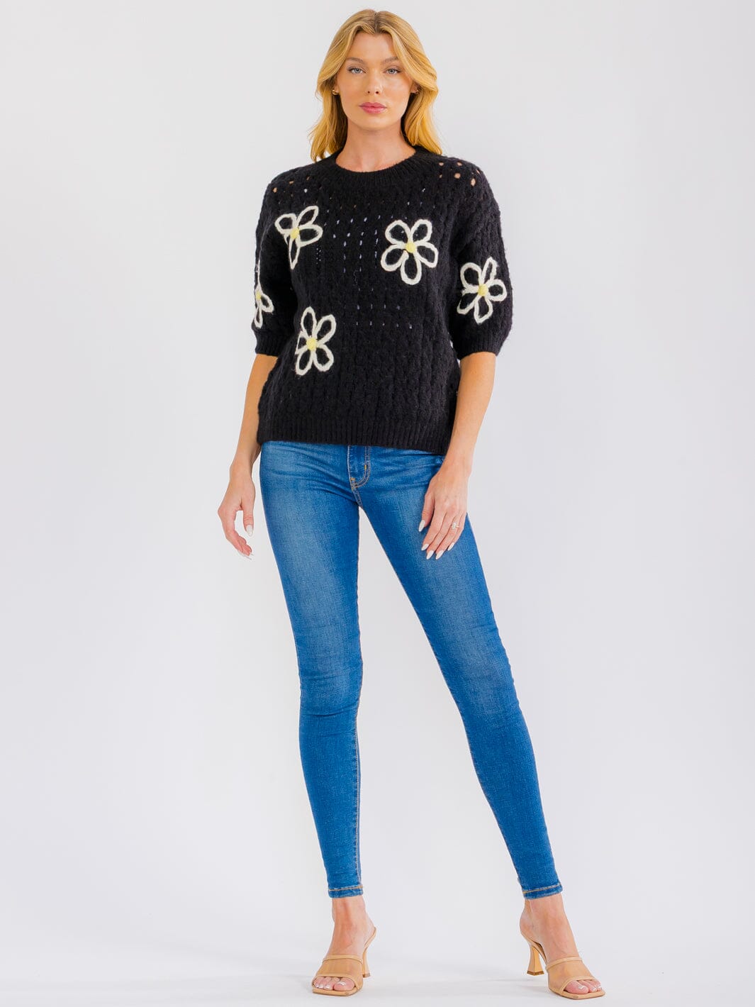 WOMEN'S SHORT SLEEVE FLOWER CROCHET SWEATER TOP