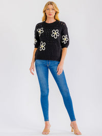 WOMEN'S SHORT SLEEVE FLOWER CROCHET SWEATER TOP