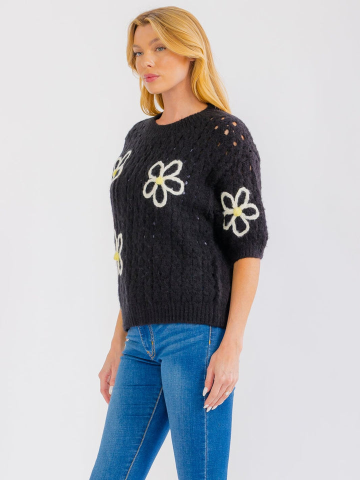WOMEN'S SHORT SLEEVE FLOWER CROCHET SWEATER TOP