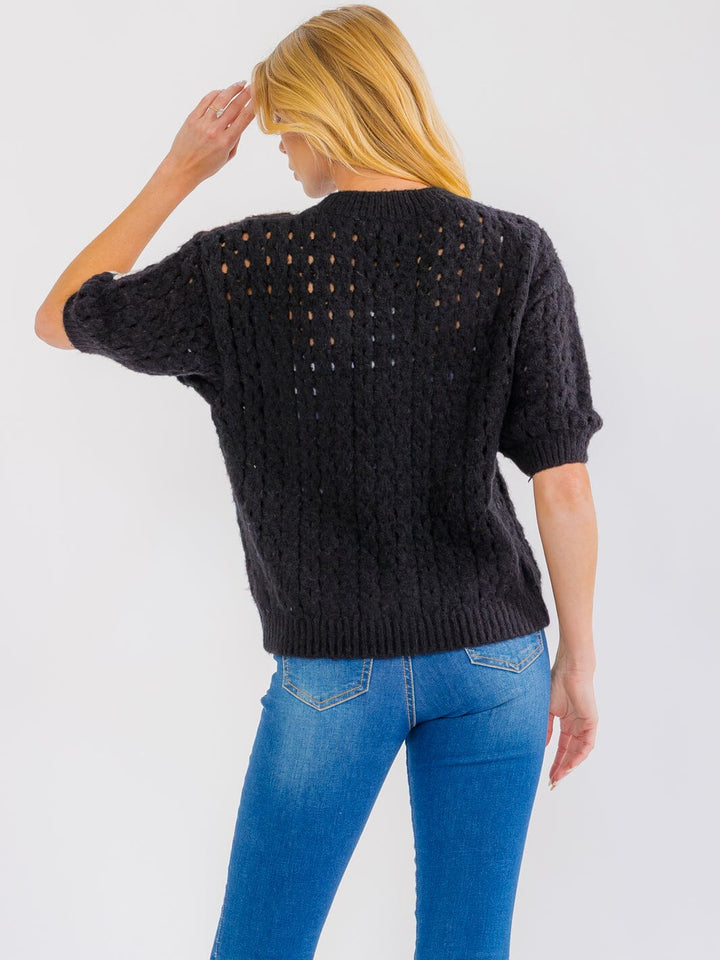 WOMEN'S SHORT SLEEVE FLOWER CROCHET SWEATER TOP