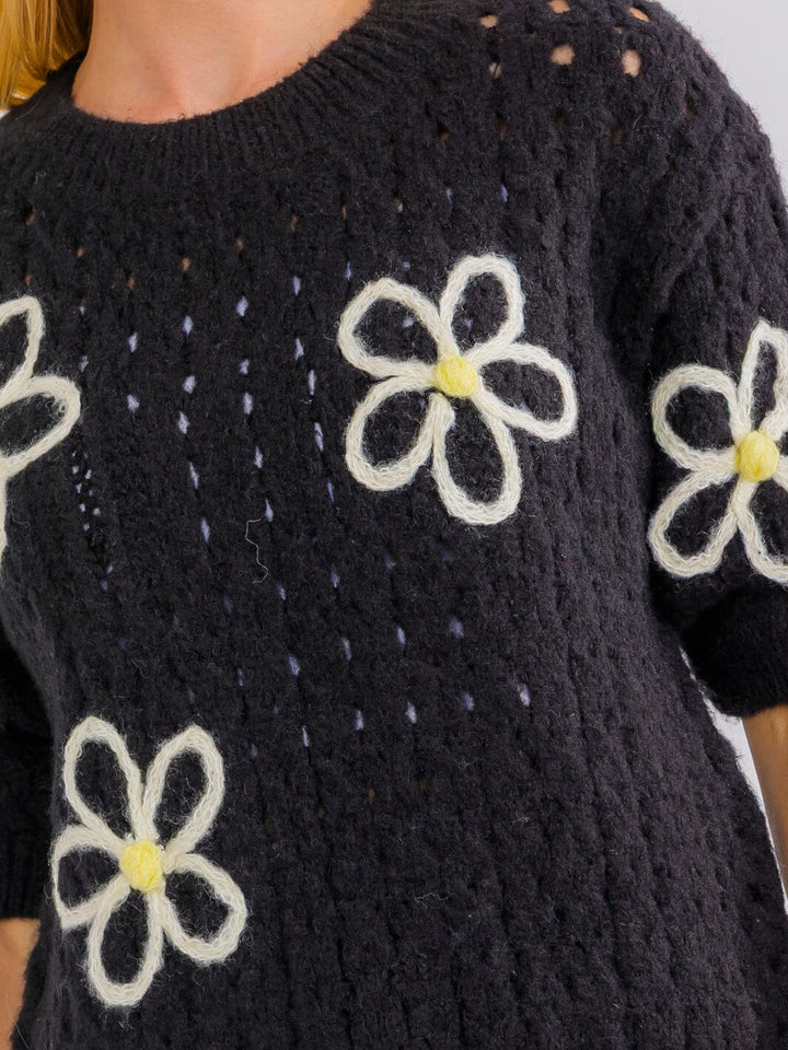 WOMEN'S SHORT SLEEVE FLOWER CROCHET SWEATER TOP
