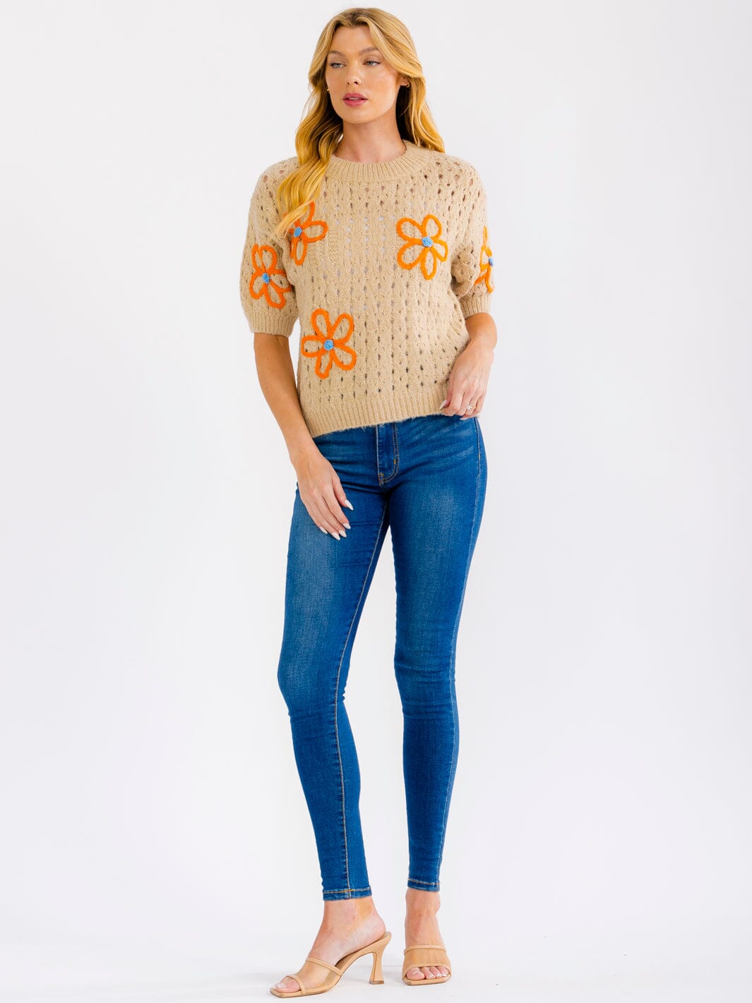 WOMEN'S SHORT SLEEVE FLOWER CROCHET SWEATER TOP
