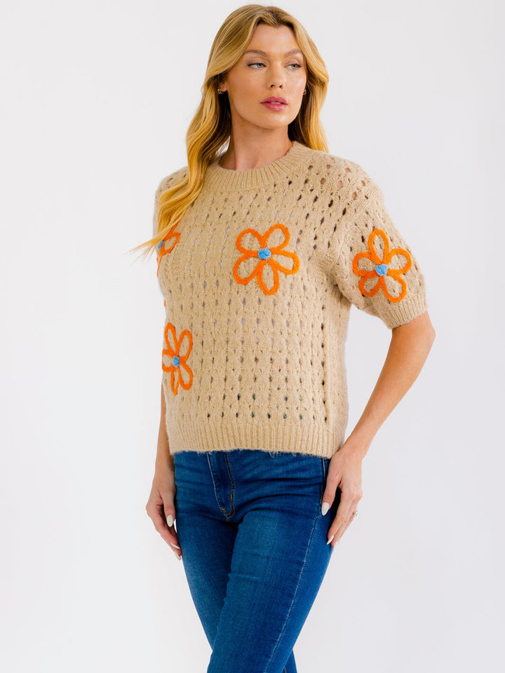 WOMEN'S SHORT SLEEVE FLOWER CROCHET SWEATER TOP