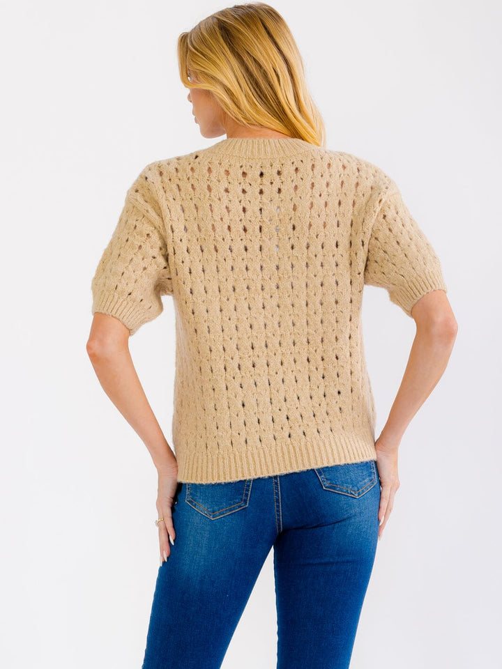 WOMEN'S SHORT SLEEVE FLOWER CROCHET SWEATER TOP