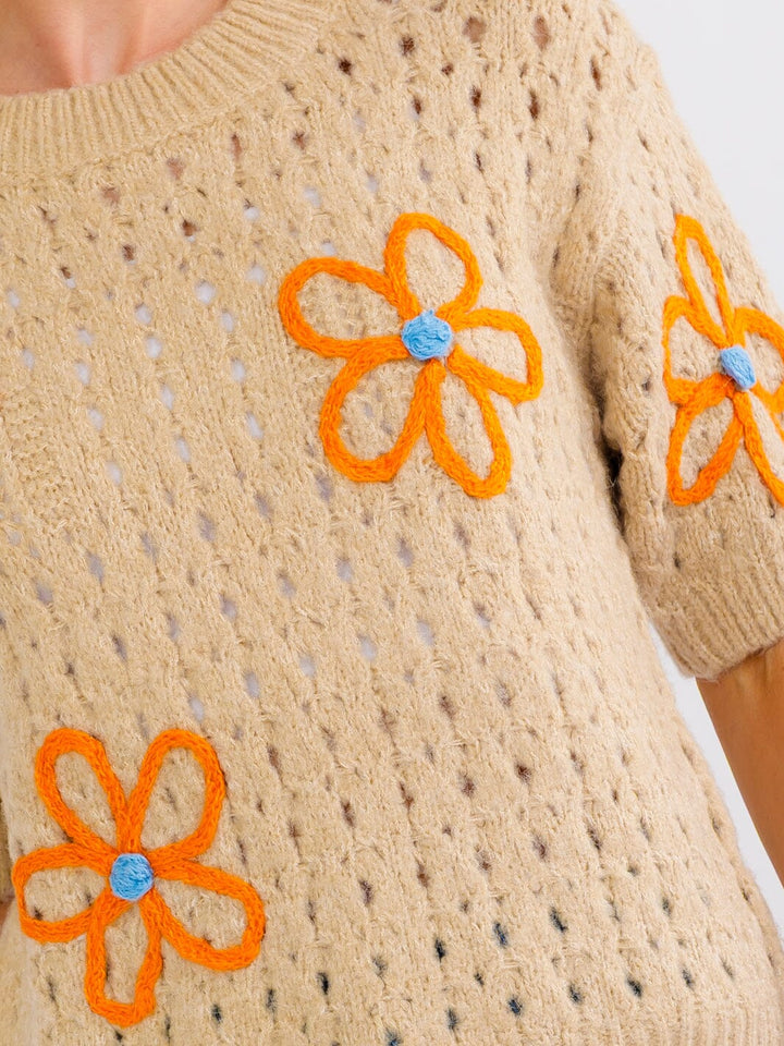 WOMEN'S SHORT SLEEVE FLOWER CROCHET SWEATER TOP