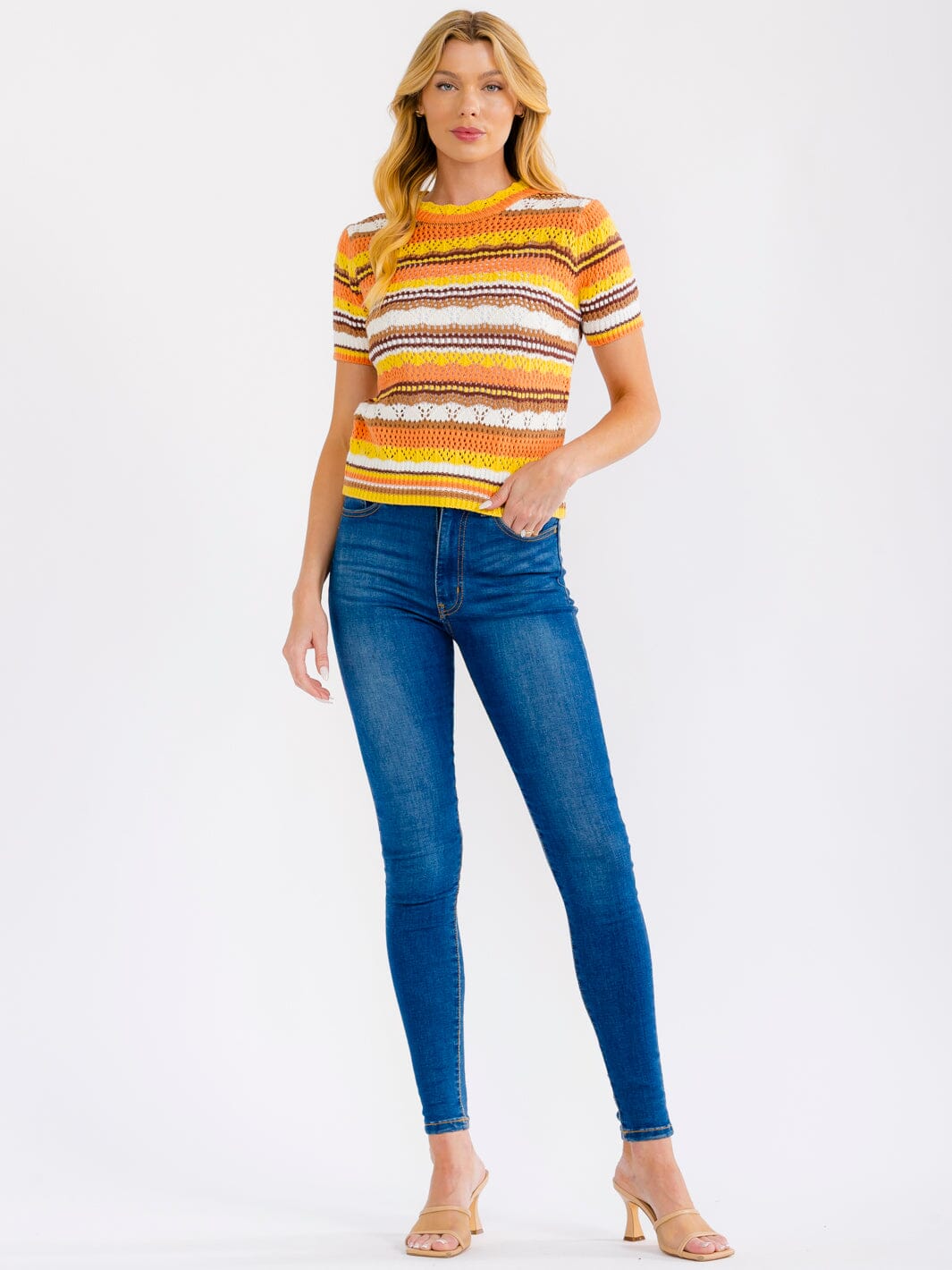 WOMEN'S SHORT SLEEVE MULTI COLOR CROCHET SWEATER TOP