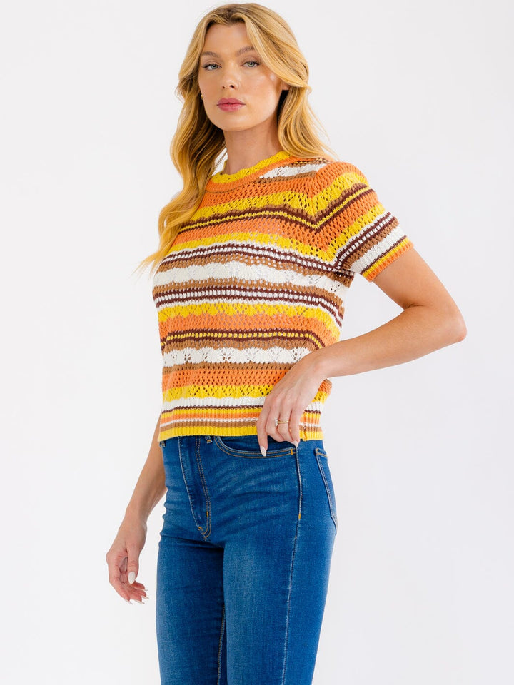 WOMEN'S SHORT SLEEVE MULTI COLOR CROCHET SWEATER TOP