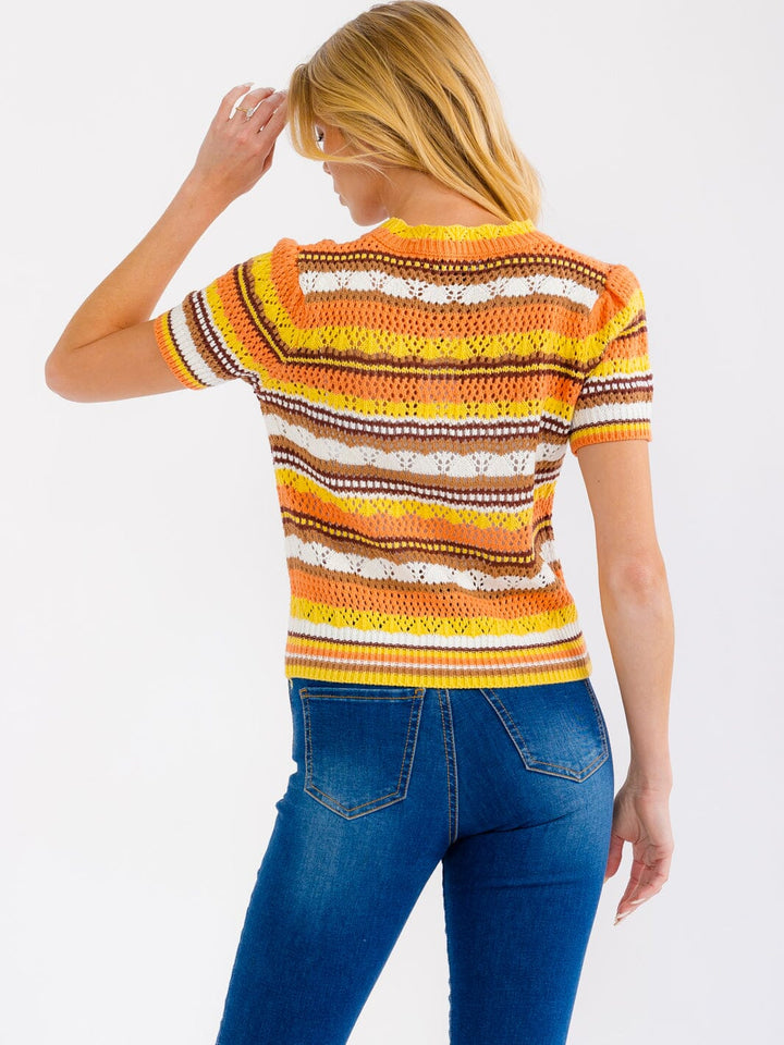 WOMEN'S SHORT SLEEVE MULTI COLOR CROCHET SWEATER TOP