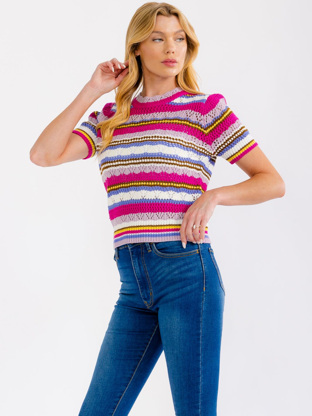 WOMEN'S SHORT SLEEVE MULTI COLOR CROCHET SWEATER TOP