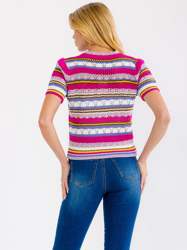 WOMEN'S SHORT SLEEVE MULTI COLOR CROCHET SWEATER TOP