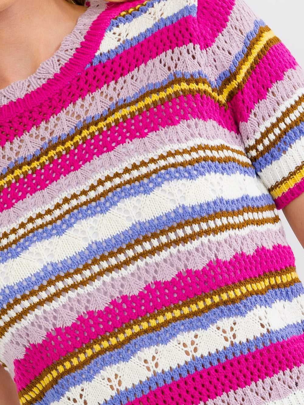 WOMEN'S SHORT SLEEVE MULTI COLOR CROCHET SWEATER TOP