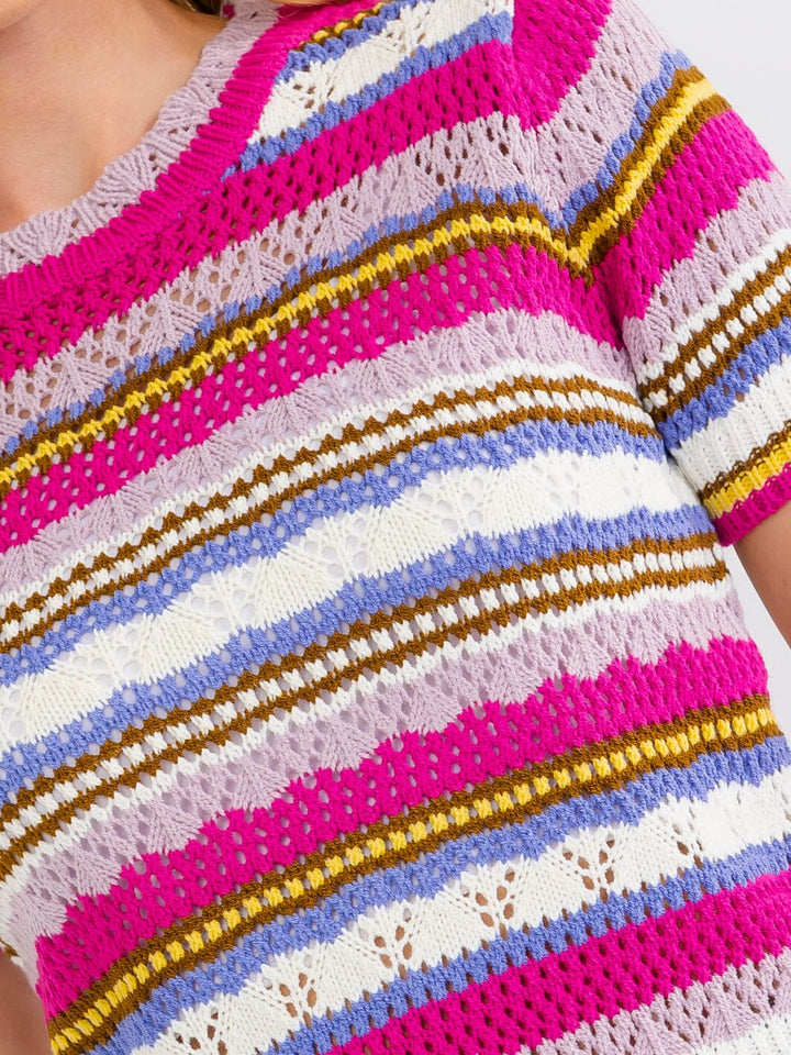 WOMEN'S SHORT SLEEVE MULTI COLOR CROCHET SWEATER TOP