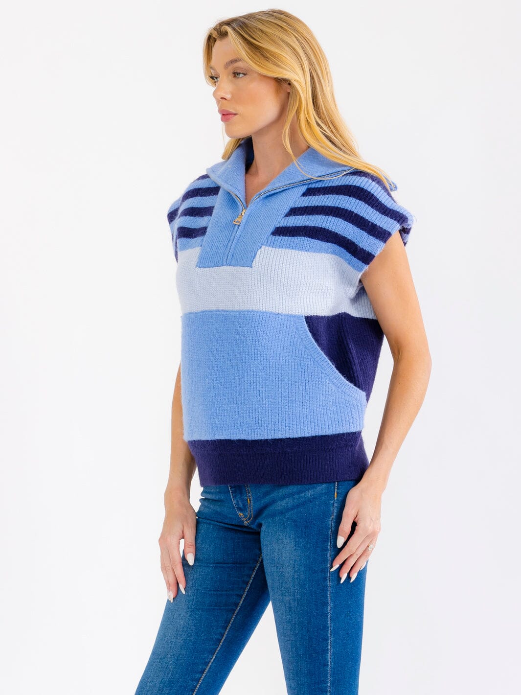 WOMEN'S SHORT SLEEVE ZIP UP FRONT POCKETS COLORBLOCK KNITTED SWEATER TOP