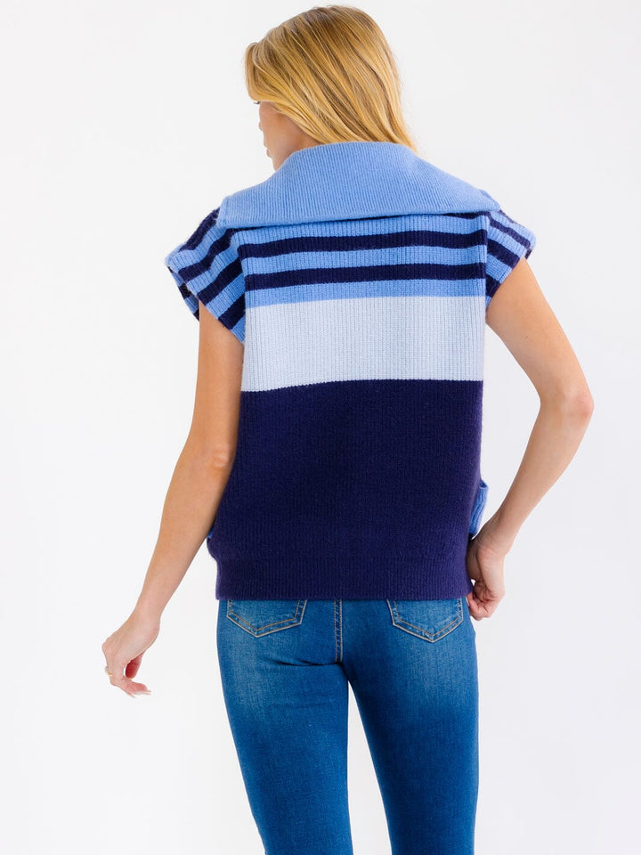 WOMEN'S SHORT SLEEVE ZIP UP FRONT POCKETS COLORBLOCK KNITTED SWEATER TOP