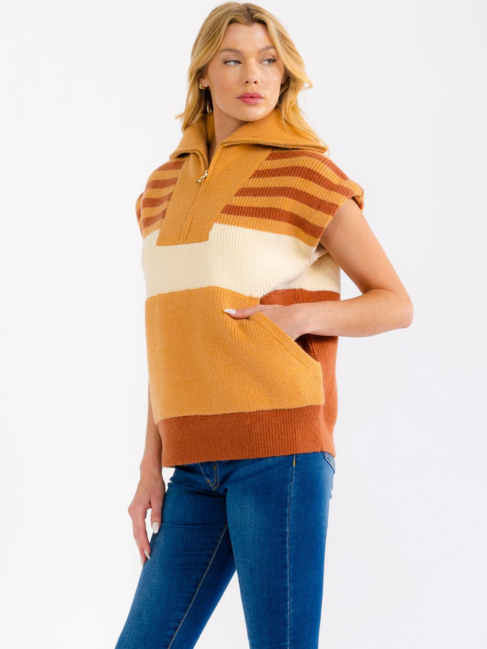 WOMEN'S SHORT SLEEVE ZIP UP FRONT POCKETS COLORBLOCK KNITTED SWEATER TOP