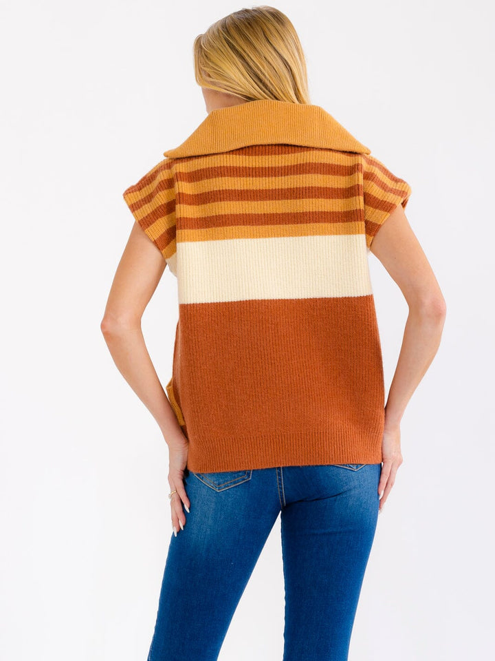 WOMEN'S SHORT SLEEVE ZIP UP FRONT POCKETS COLORBLOCK KNITTED SWEATER TOP