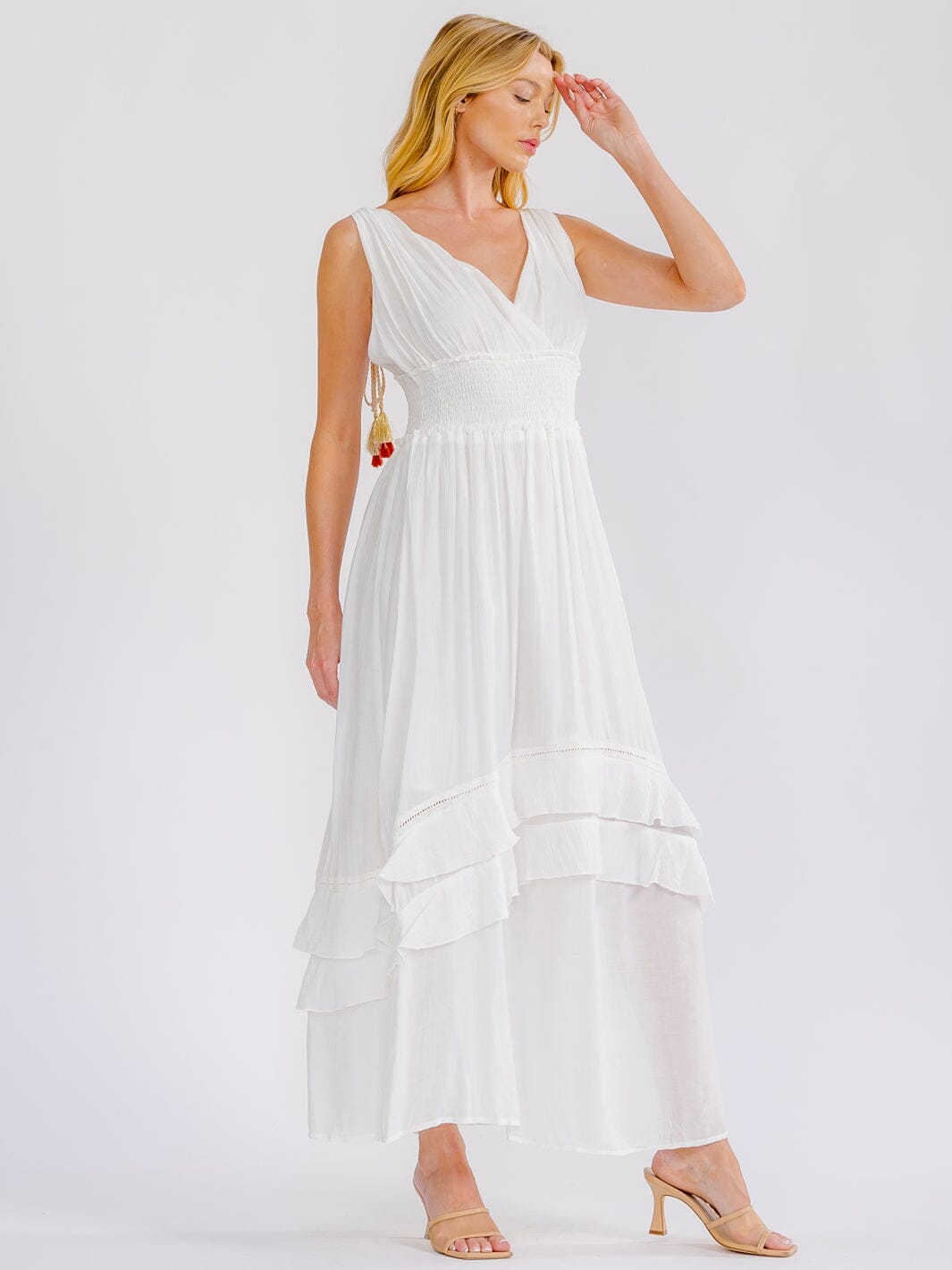 WOMEN'S SLEEVELESS V-NECK OPEN BACK SMOCK WAIST TIERED MAXI DRESS