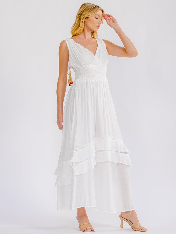 WOMEN'S SLEEVELESS V-NECK OPEN BACK SMOCK WAIST TIERED MAXI DRESS