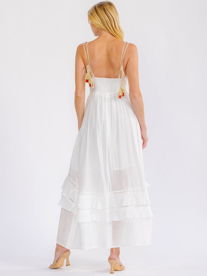 WOMEN'S SLEEVELESS V-NECK OPEN BACK SMOCK WAIST TIERED MAXI DRESS