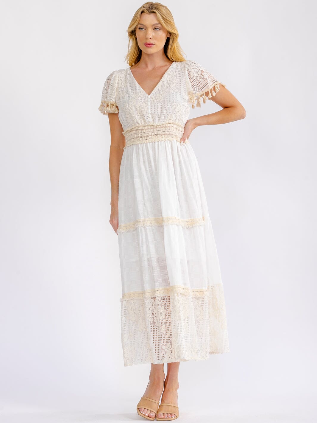 WOMEN'S SHORT SLEEVE V-NECK TIERED CROCHET LACE MAXI DRESS