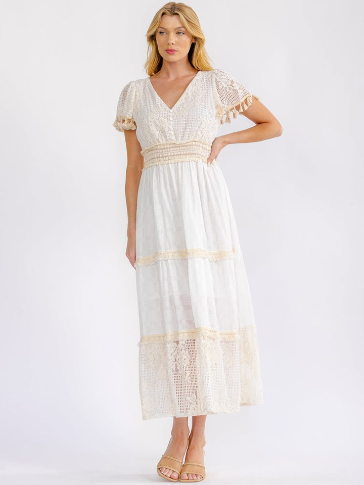 WOMEN'S SHORT SLEEVE V-NECK TIERED CROCHET LACE MAXI DRESS