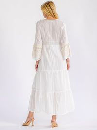 WOMEN'S LONG BELL SLEEVE V-NECK TIERED CROCHET LACE MAXI DRESS