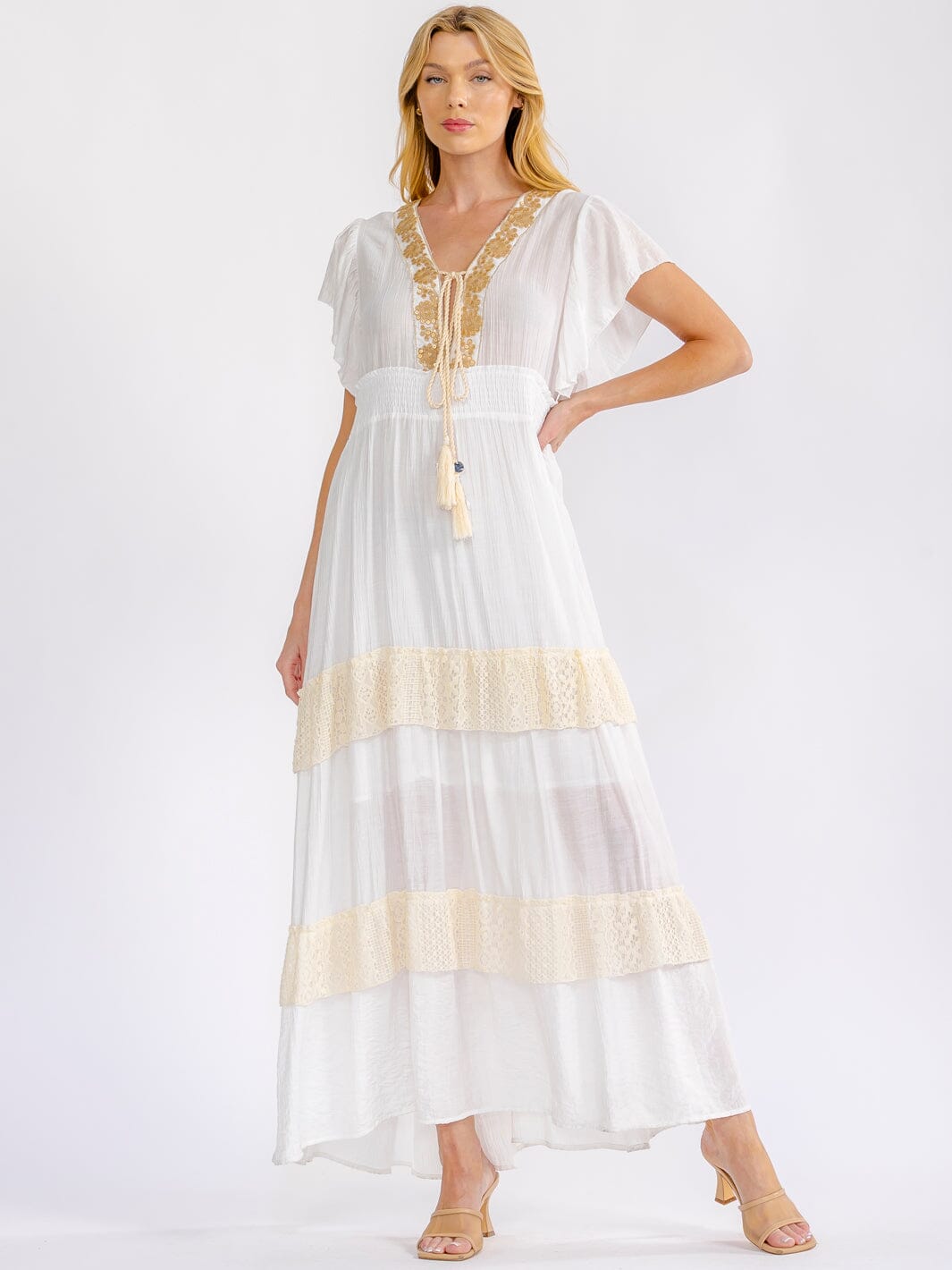 WOMEN'S SHORT SLEEVE ELASTIC WAIST TIERED CROCHET LACE MAXI DRESS