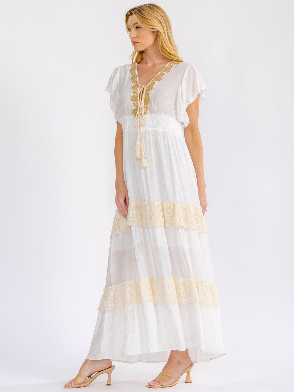 WOMEN'S SHORT SLEEVE ELASTIC WAIST TIERED CROCHET LACE MAXI DRESS 2S-2M-2L