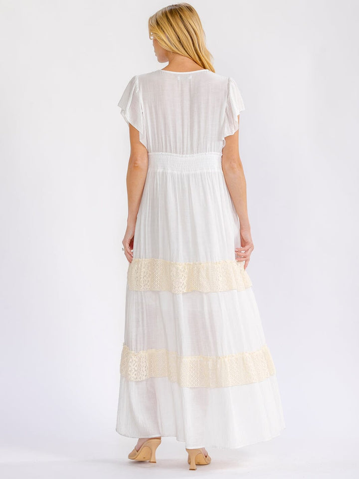 WOMEN'S SHORT SLEEVE ELASTIC WAIST TIERED CROCHET LACE MAXI DRESS